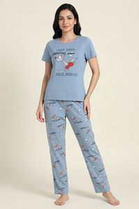 Zivame Farm Lore Knit Cotton Pyjama Set - Ashley Blue — thumbnail 2